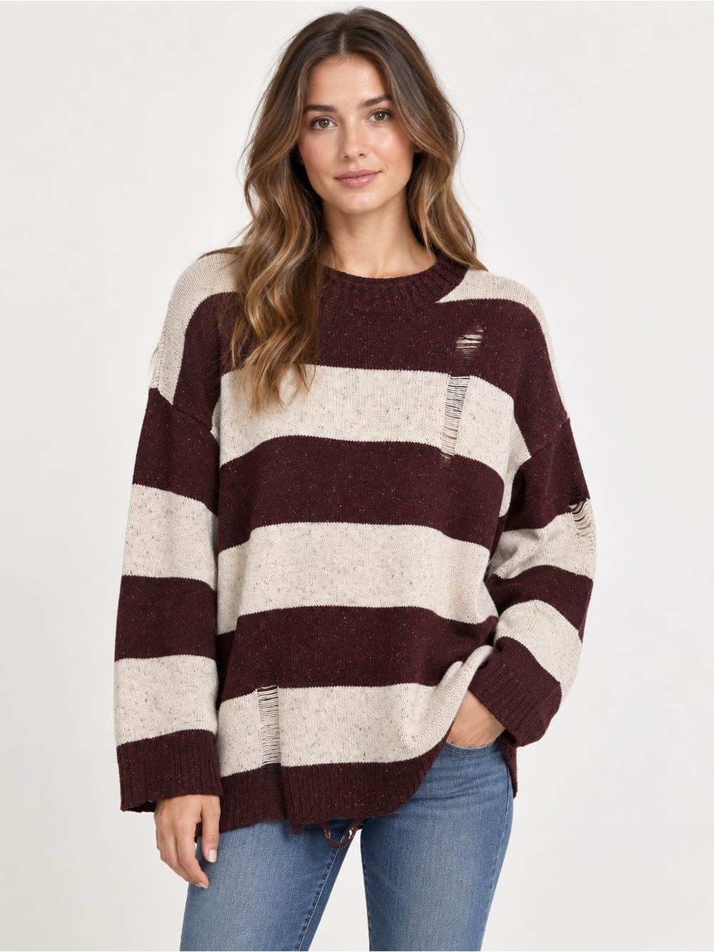 Abound Burgundy & Cream Distressed Striped Sweater Size M